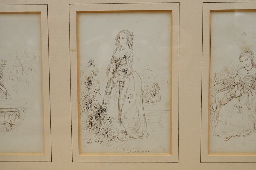 J. Bouvier, Studies of fashionable ladies, to include one titled 'The bracelet', one signed and dated 1859, set of three pen and ink sketches, each mounted and framed as one, each 14 x 9cm